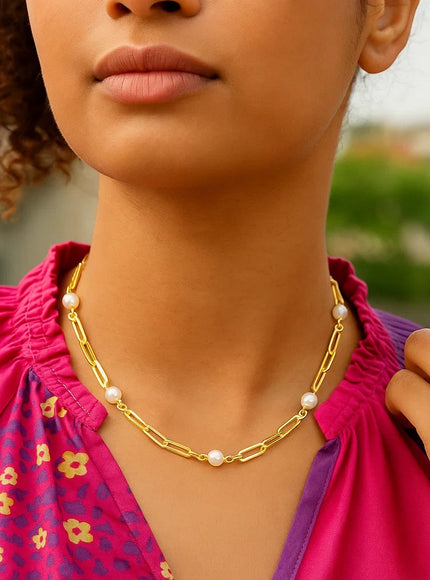 14k Yellow Gold Paperclip Chain and Pearl Necklace