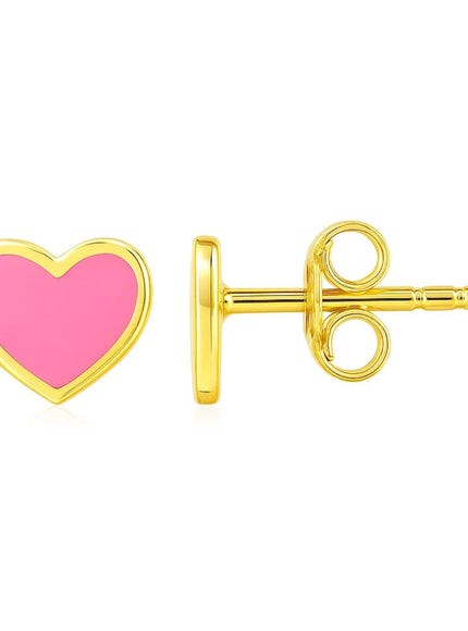 14k Yellow Gold and Enamel Pink Heart Stud Earrings