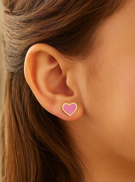 14k Yellow Gold and Enamel Pink Heart Stud Earrings
