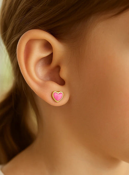 14k Yellow Gold and Enamel Pink Heart Stud Earrings