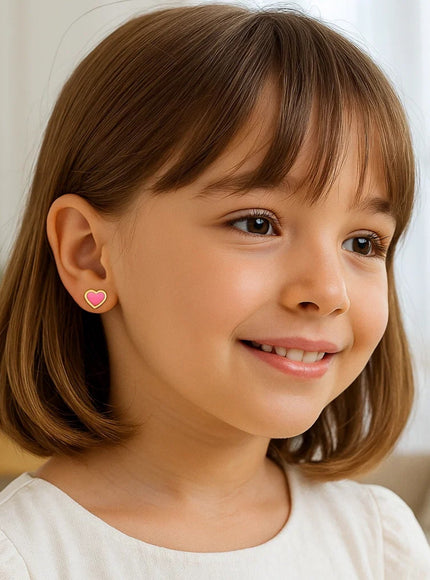 14k Yellow Gold and Enamel Pink Heart Stud Earrings