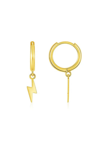 14K Yellow Gold Lighting Bolt Drop Hoop Earrings