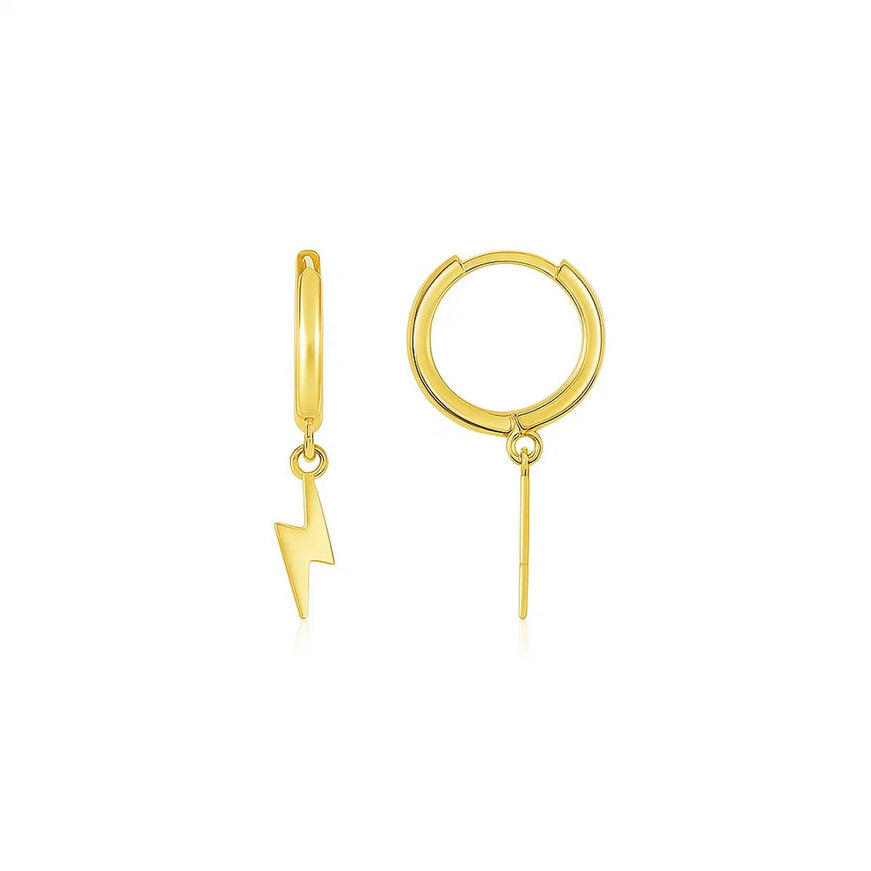 14K Yellow Gold Lighting Bolt Drop Hoop Earrings