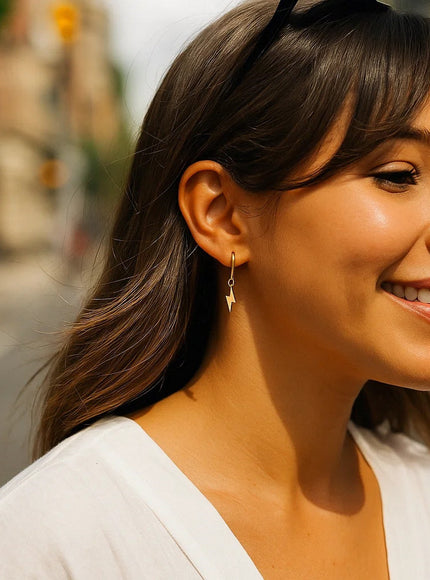 14K Yellow Gold Lighting Bolt Drop Hoop Earrings