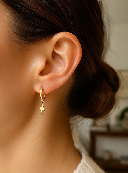 14K Yellow Gold Lighting Bolt Drop Hoop Earrings