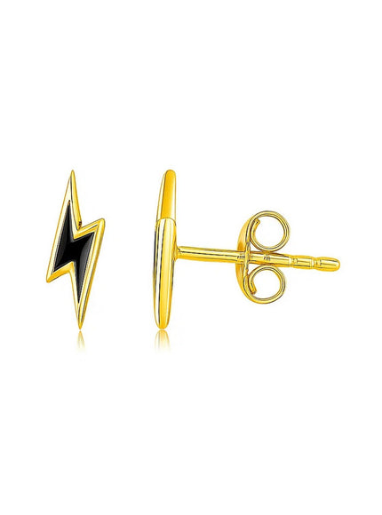 14k Yellow Gold and Enamel Black Lightning Bolt Stud Earrings