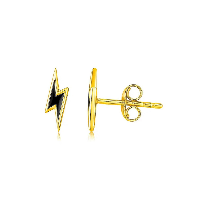 14k Yellow Gold and Enamel Black Lightning Bolt Stud Earrings