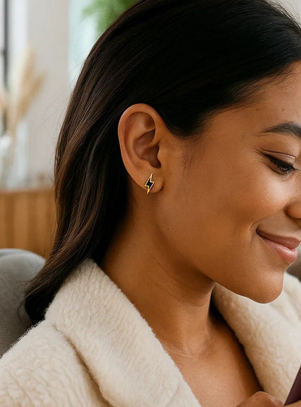 14k Yellow Gold and Enamel Black Lightning Bolt Stud Earrings