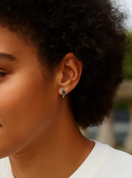 14k Yellow Gold and Enamel Black Lightning Bolt Stud Earrings