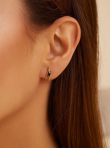 14k Yellow Gold and Enamel Black Lightning Bolt Stud Earrings