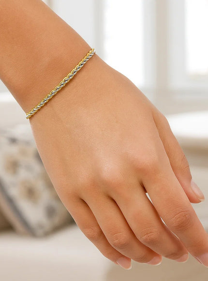 Two-Toned Fine Wheat Chain Bracelet in 10k Yellow and White Gold