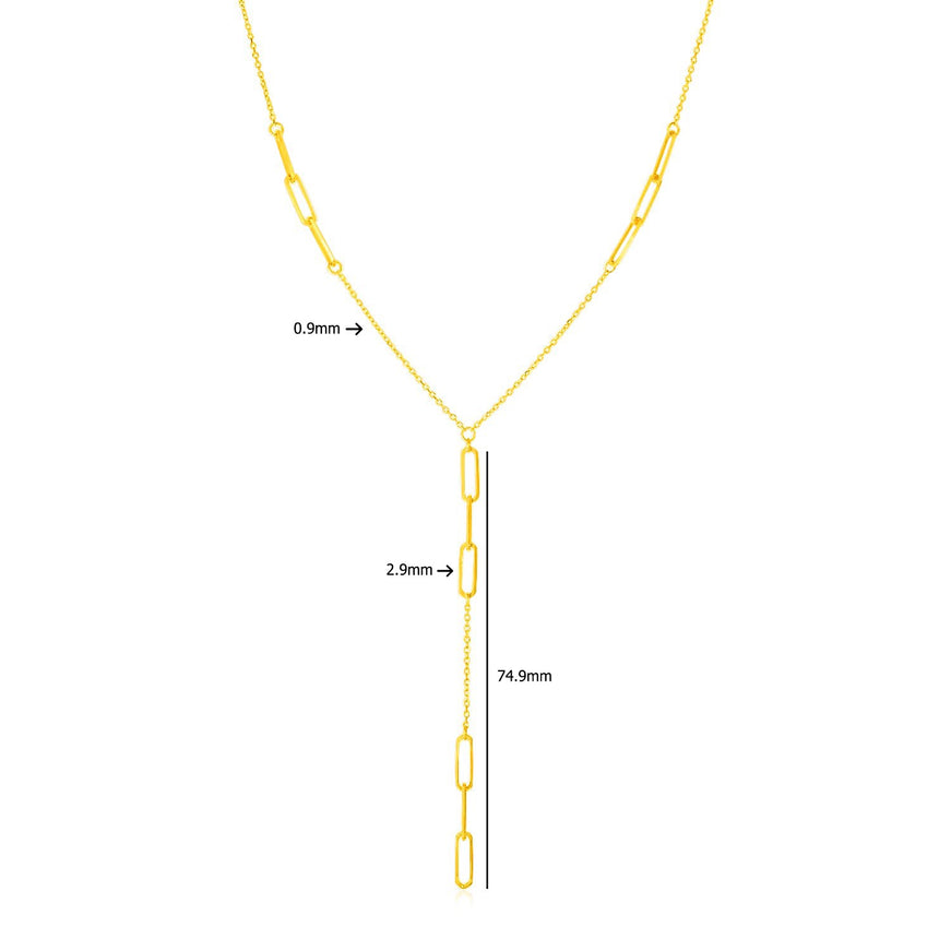 14K Yellow Gold Lariat Necklace with Paperclip Chain Stations