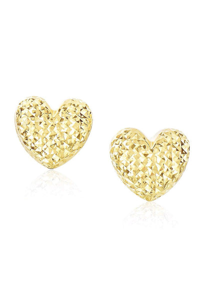 14k Yellow Gold Puffed Heart Earrings with Diamond Cuts - Ellie Belle