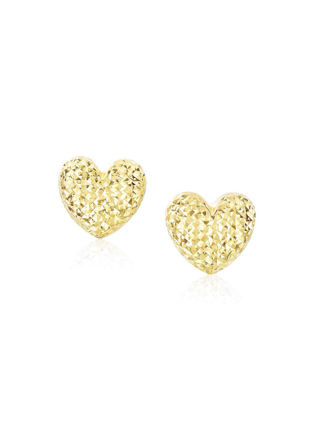 14k Yellow Gold Puffed Heart Earrings with Diamond Cuts - Ellie Belle
