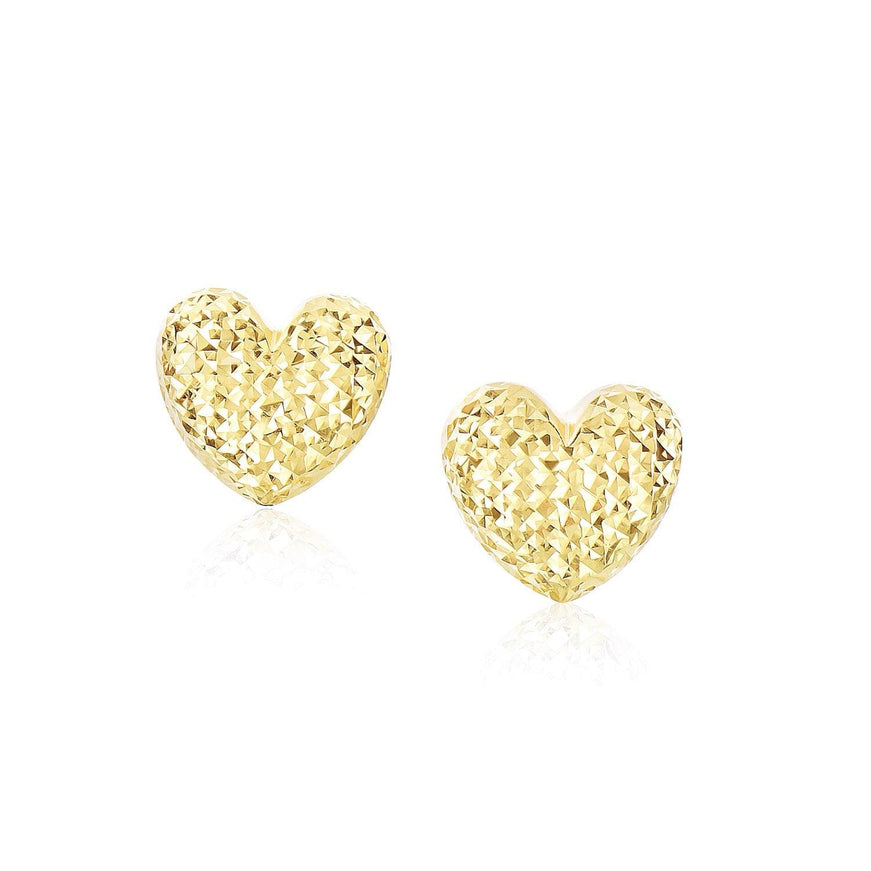 14k Yellow Gold Puffed Heart Earrings with Diamond Cuts - Ellie Belle