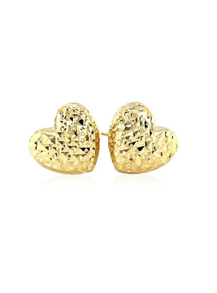 14k Yellow Gold Puffed Heart Earrings with Diamond Cuts - Ellie Belle