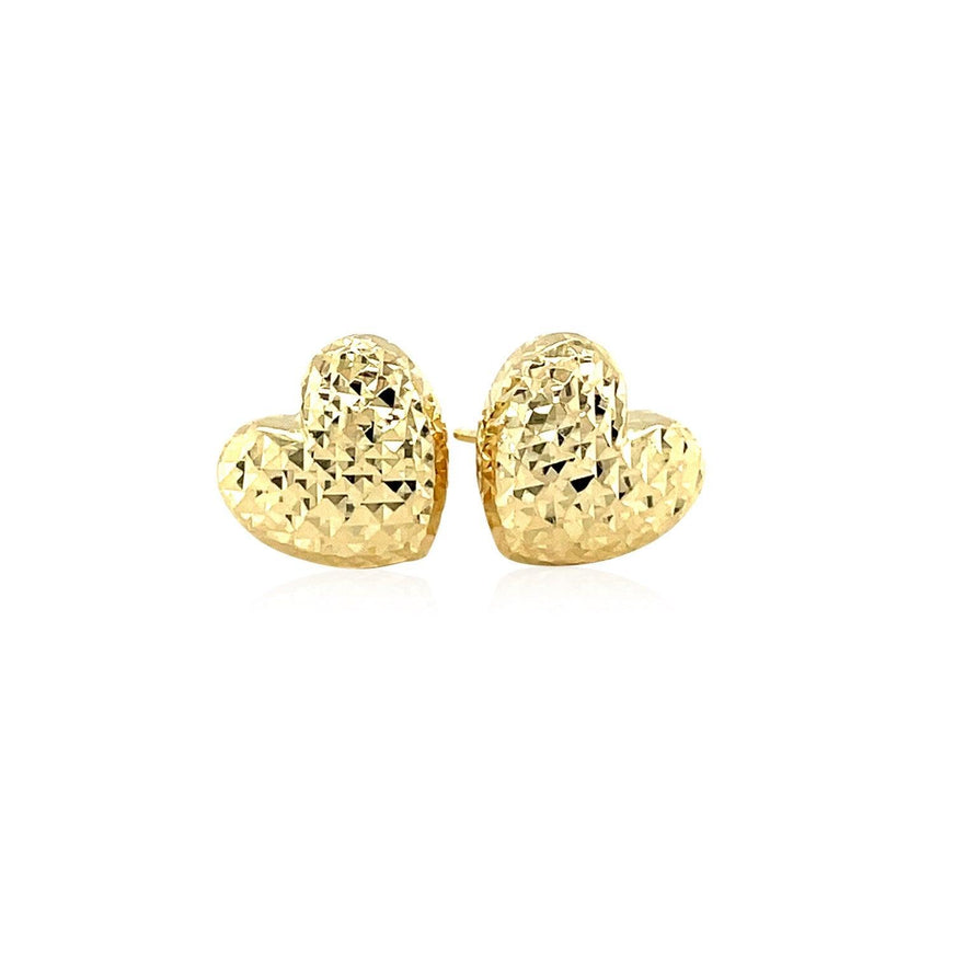 14k Yellow Gold Puffed Heart Earrings with Diamond Cuts - Ellie Belle