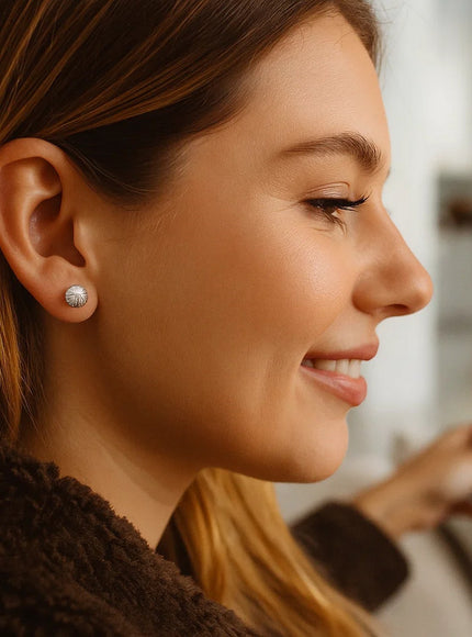 14K White Gold Ball Earrings with Linear Texture