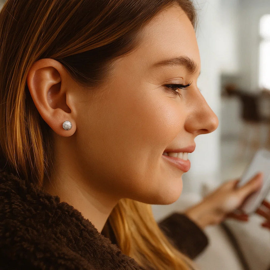 14K White Gold Ball Earrings with Linear Texture
