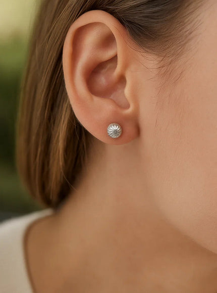 14K White Gold Ball Earrings with Linear Texture