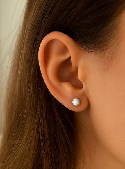 14K White Gold Ball Earrings with Linear Texture