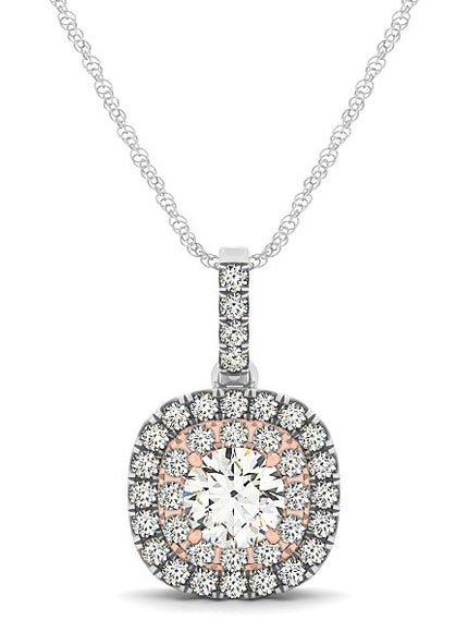 14k White And Rose Gold Cushion Shape Halo Diamond Pendant (1/2 cttw)