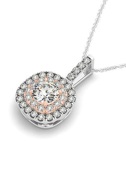 14k White And Rose Gold Cushion Shape Halo Diamond Pendant (1/2 cttw)