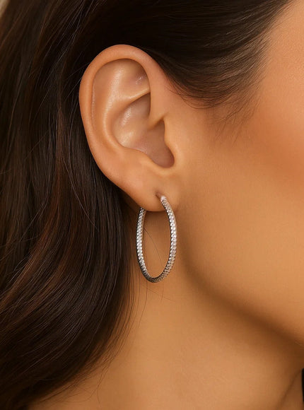 14k White Gold Tube Textured Round Hoop Earrings