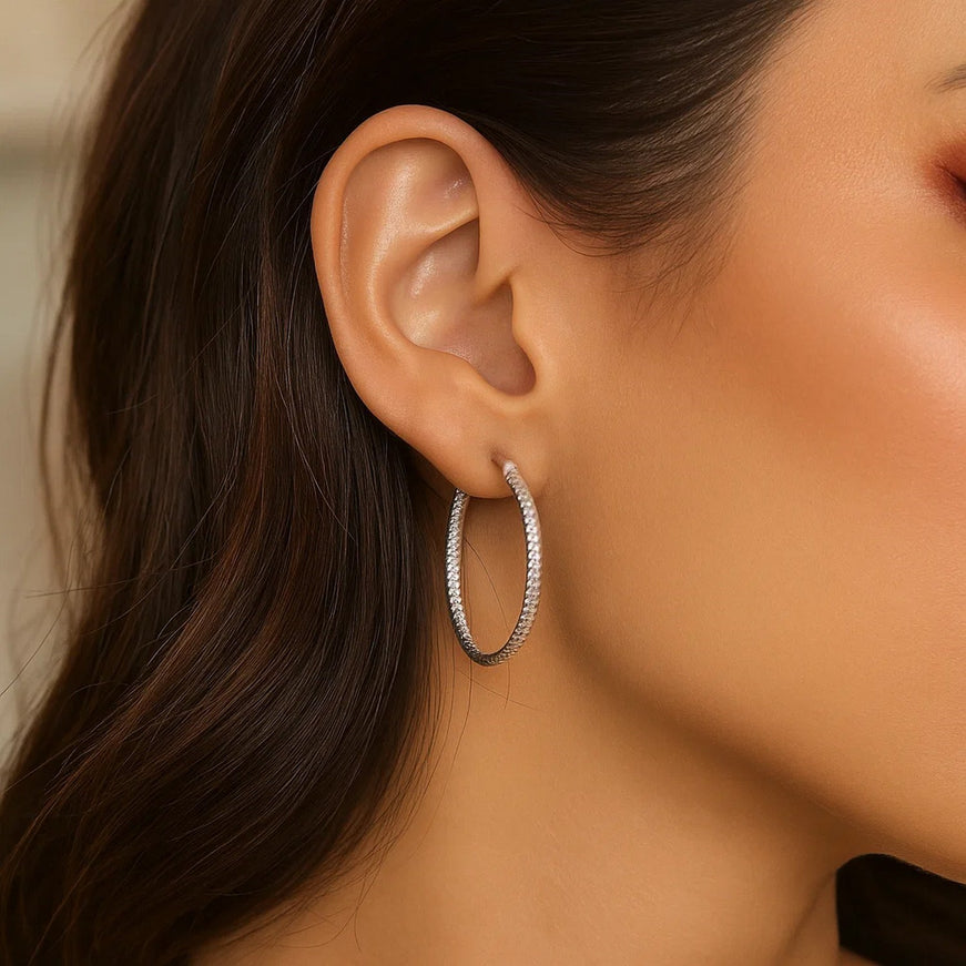 14k White Gold Tube Textured Round Hoop Earrings