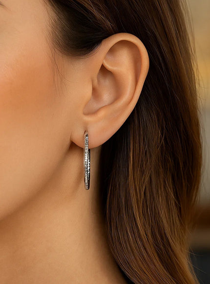 14k White Gold Tube Textured Round Hoop Earrings