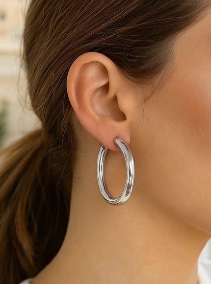 Sterling Silver Thick Rhodium Plated Polished Hoop Earrings (4x35mm)