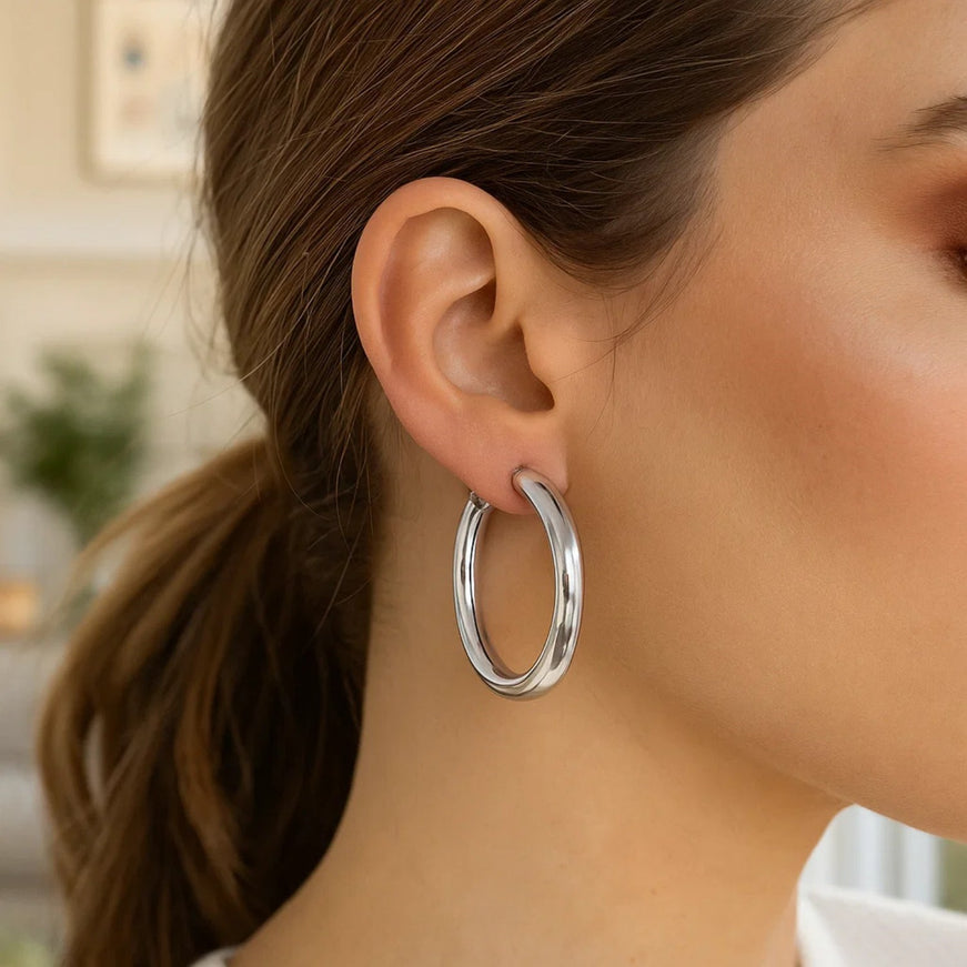 Sterling Silver Thick Rhodium Plated Polished Hoop Earrings (4x35mm)