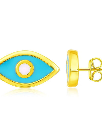 14K Yellow Gold Blue Evil Eye Earrings with Enamel