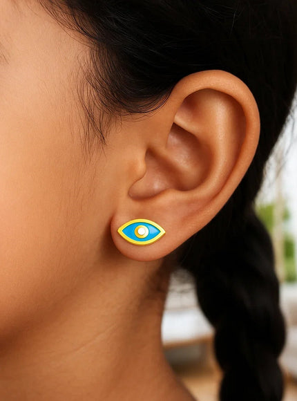 14K Yellow Gold Blue Evil Eye Earrings with Enamel