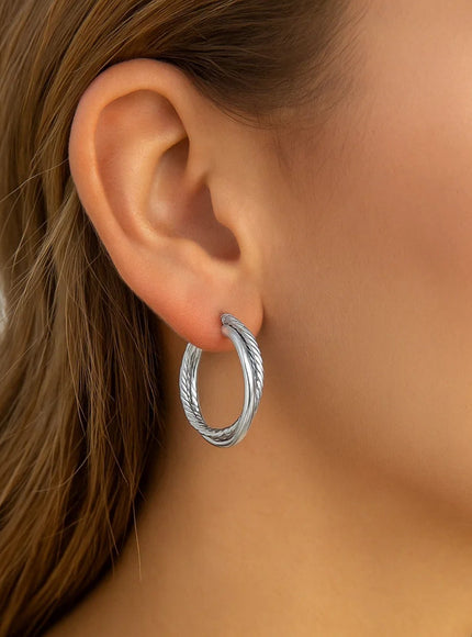 Sterling Silver Ridged Hoop Earrings with Textured Design