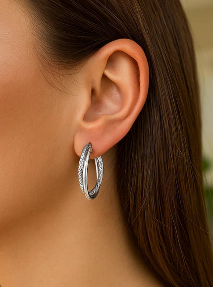 Sterling Silver Ridged Hoop Earrings with Textured Design