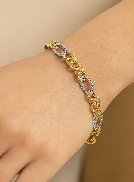 14k Two-Tone Gold Rope Motif Oval and Round Link Chain Bracelet