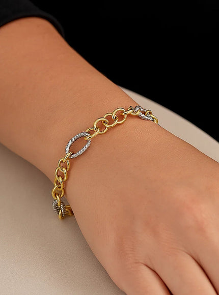 14k Two-Tone Gold Rope Motif Oval and Round Link Chain Bracelet