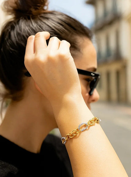 14k Two-Tone Gold Rope Motif Oval and Round Link Chain Bracelet