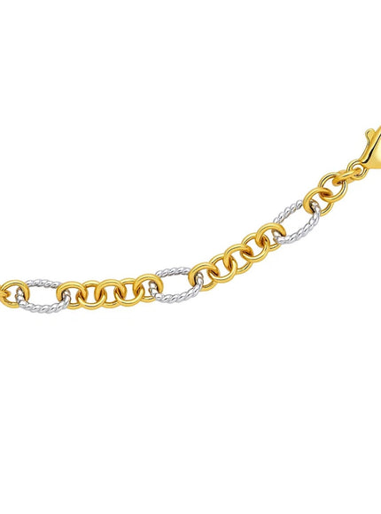 14k Two-Tone Gold Rope Motif Oval and Round Link Chain Bracelet