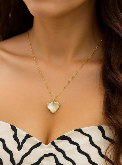 14k Yellow Gold High Polish Heart Pearl Paste Necklace