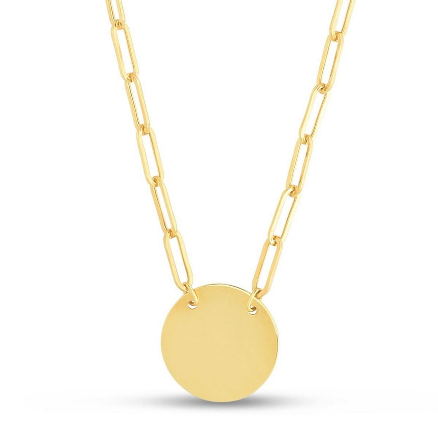 14k Yellow Gold High Polish Circle Disc Paperclip Link Necklace