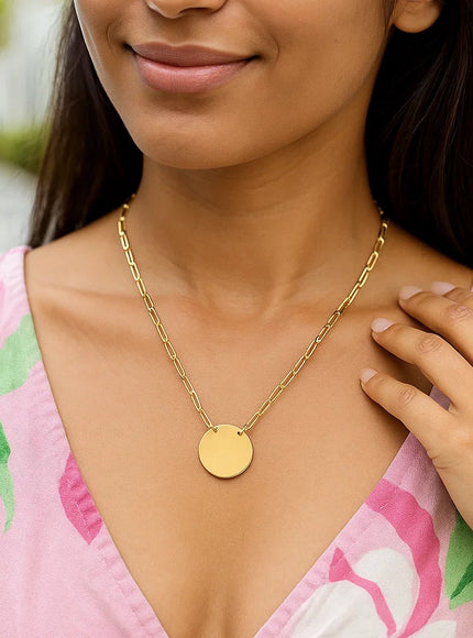 14k Yellow Gold High Polish Circle Disc Paperclip Link Necklace