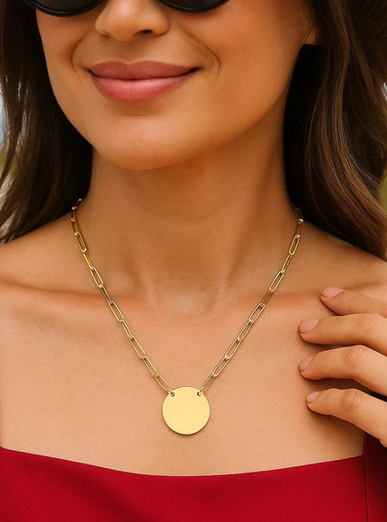 14k Yellow Gold High Polish Circle Disc Paperclip Link Necklace