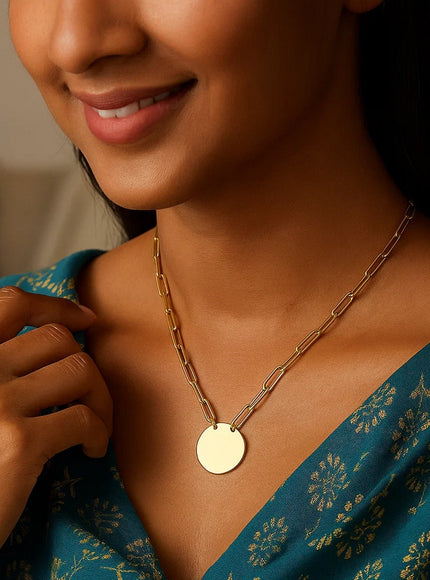 14k Yellow Gold High Polish Circle Disc Paperclip Link Necklace