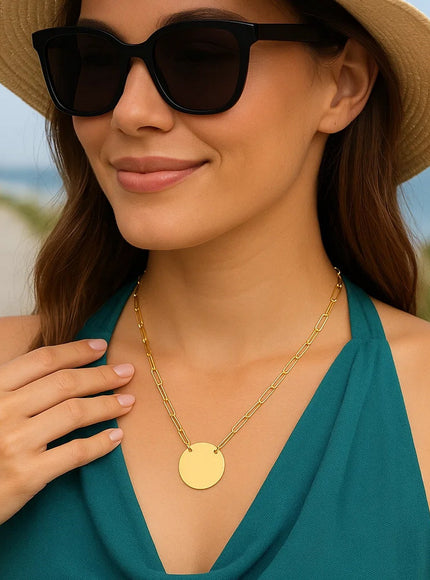 14k Yellow Gold High Polish Circle Disc Paperclip Link Necklace