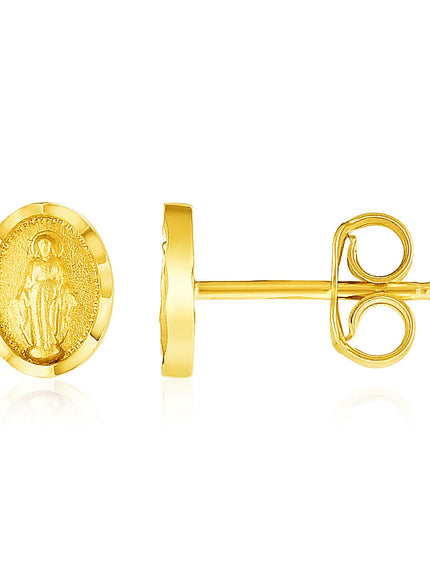 14k Yellow Gold Oval Religious Medallion Post Earrings