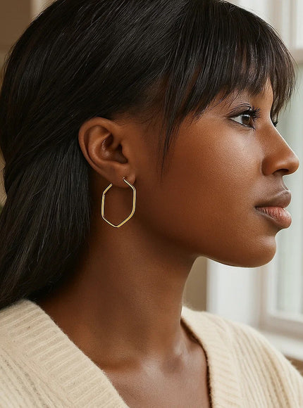 14K Yellow Gold Hexagon Hoop Rounded Edge Earrings
