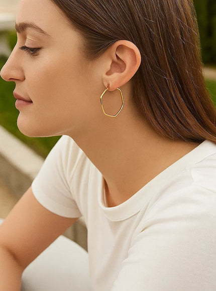 14K Yellow Gold Hexagon Hoop Rounded Edge Earrings