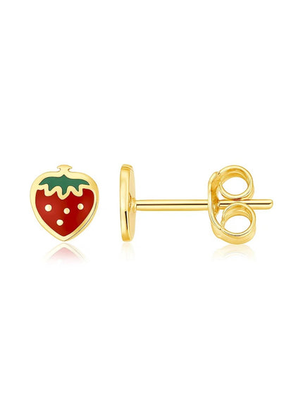 14k Yellow Gold Enameled Strawberry Childrens Earrings